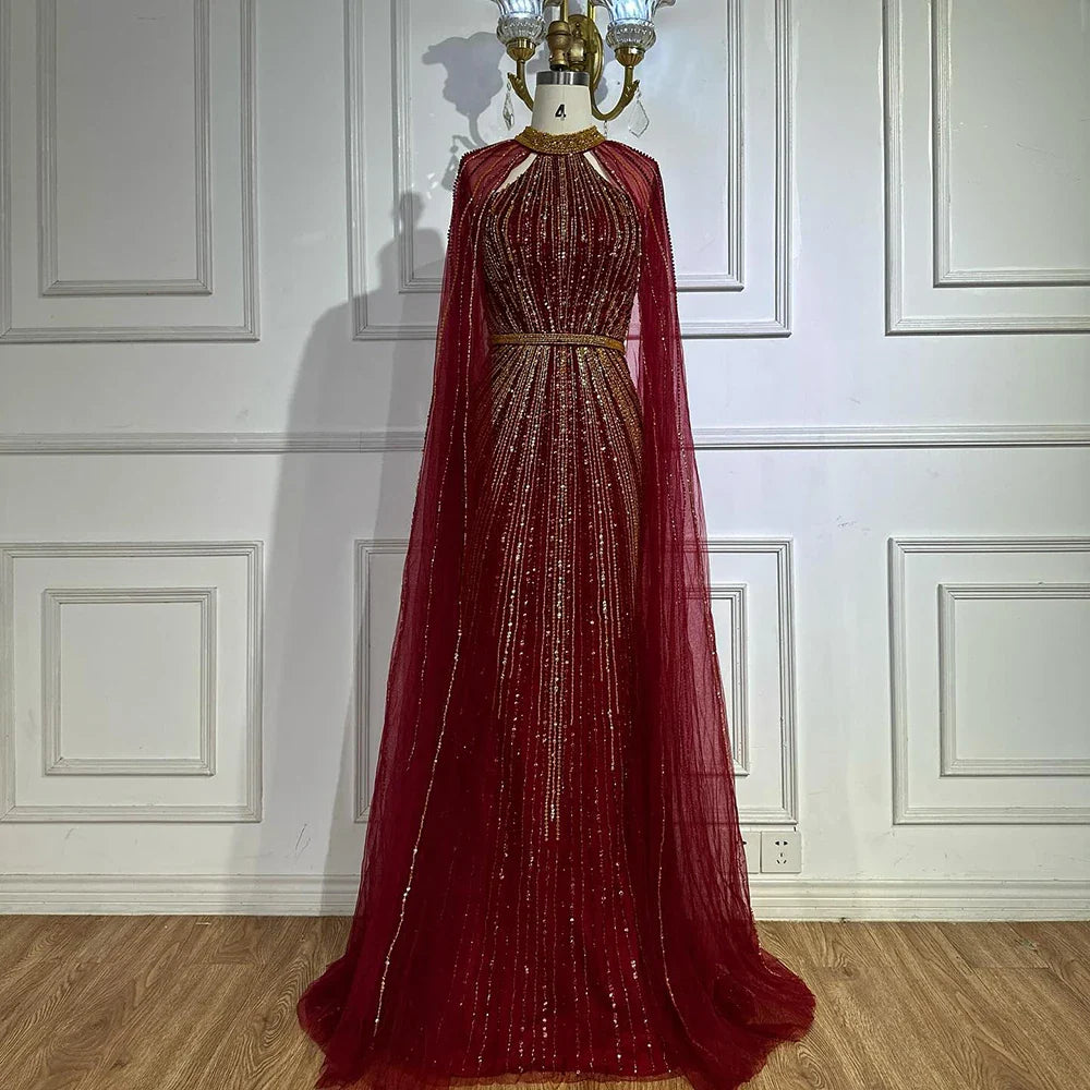 Luxuriöses Dubai Weinrot Perlenbesetztes Meerjungfrau-Abendkleid aus Saudi-Arabien mit Umhang für formelle Anlässe LA72707A