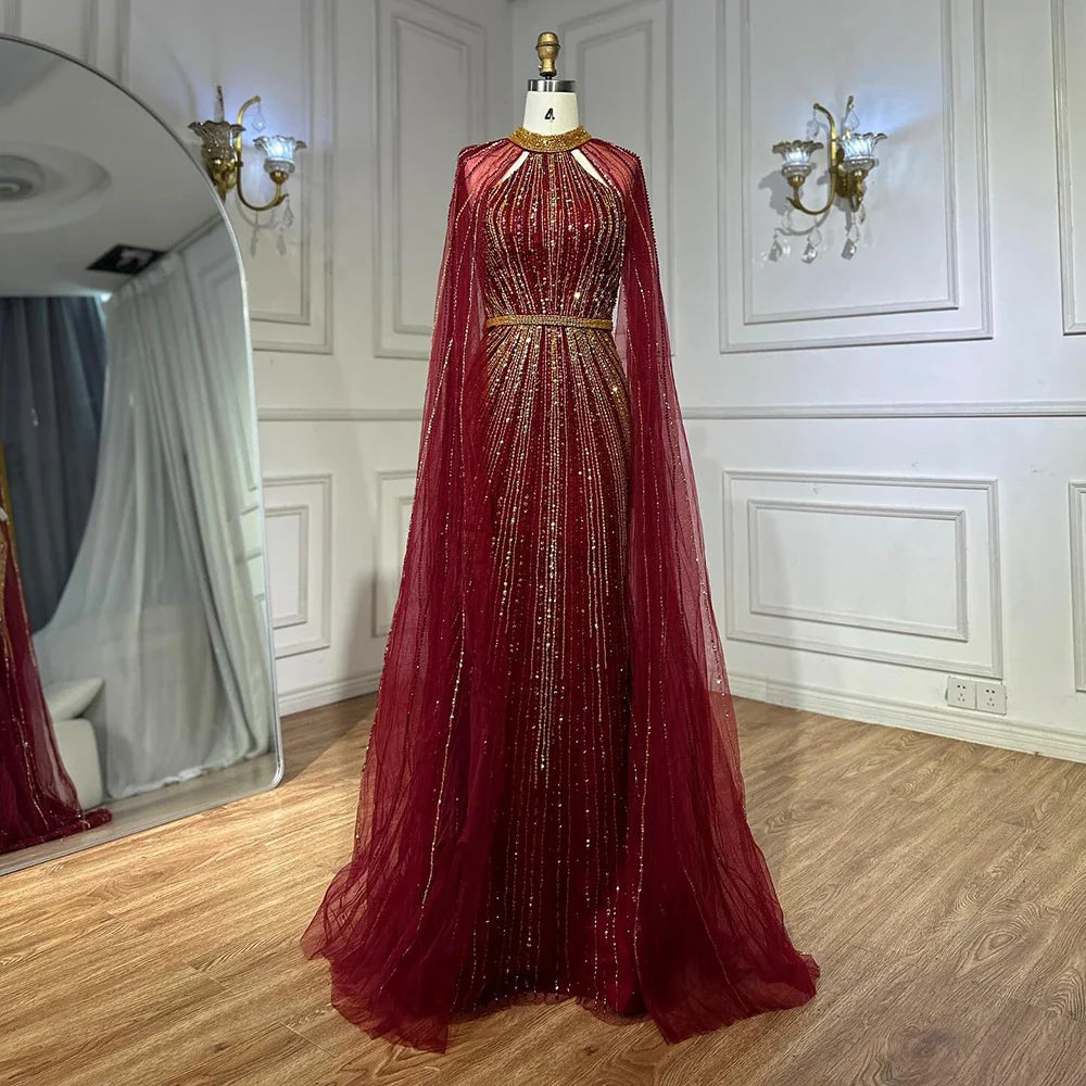 Luxuriöses Dubai Weinrot Perlenbesetztes Meerjungfrau-Abendkleid aus Saudi-Arabien mit Umhang für formelle Anlässe LA72707A