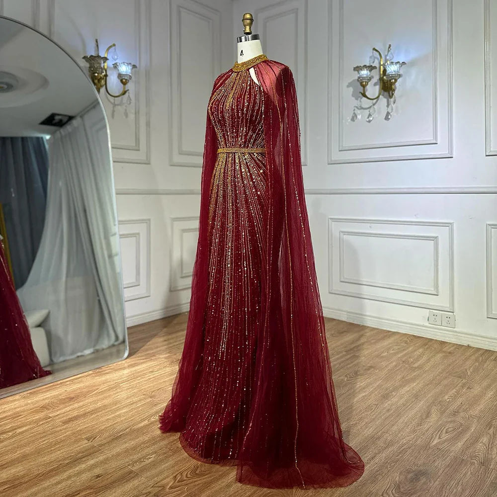 Luxuriöses Dubai Weinrot Perlenbesetztes Meerjungfrau-Abendkleid aus Saudi-Arabien mit Umhang für formelle Anlässe LA72707A