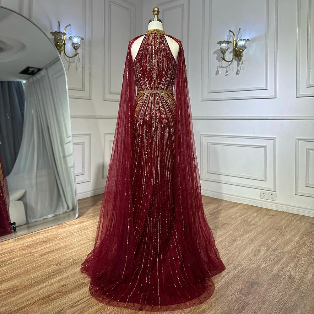 Luxuriöses Dubai Weinrot Perlenbesetztes Meerjungfrau-Abendkleid aus Saudi-Arabien mit Umhang für formelle Anlässe LA72707A
