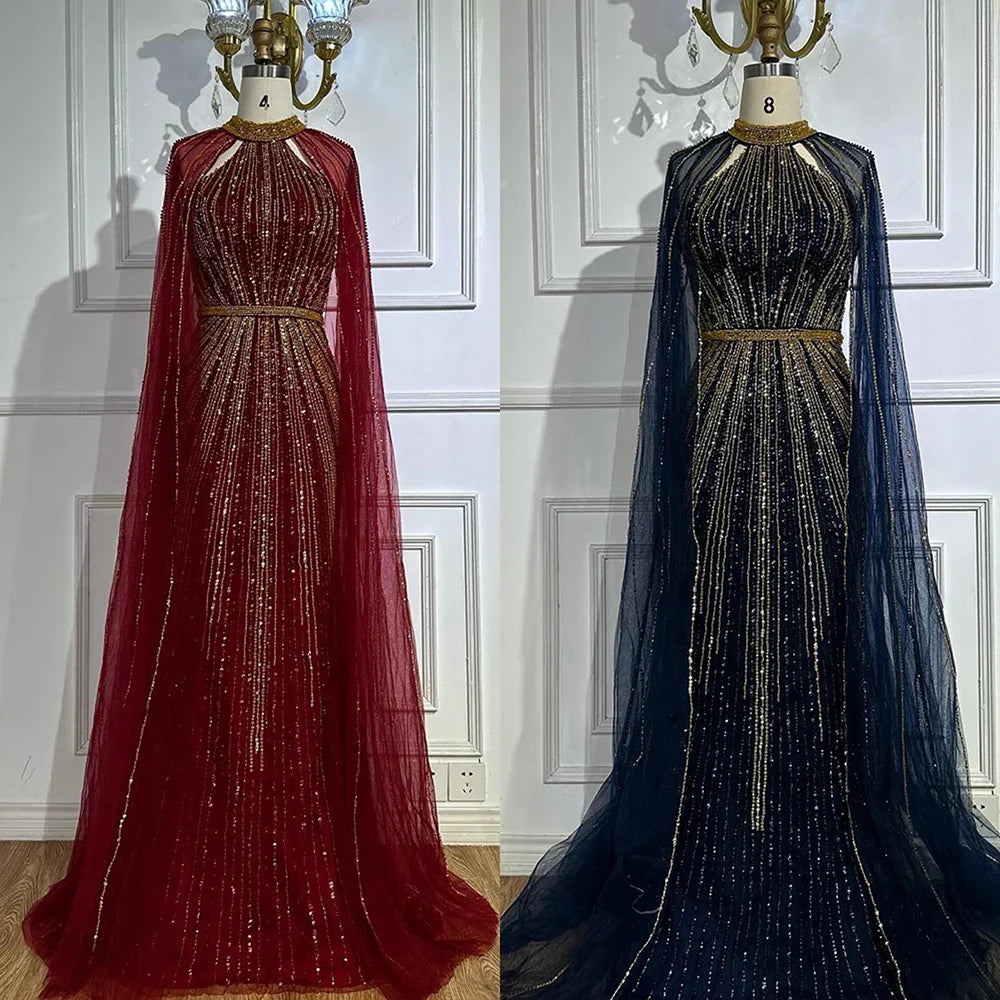 Luxuriöses Dubai Weinrot Perlenbesetztes Meerjungfrau-Abendkleid aus Saudi-Arabien mit Umhang für formelle Anlässe LA72707A