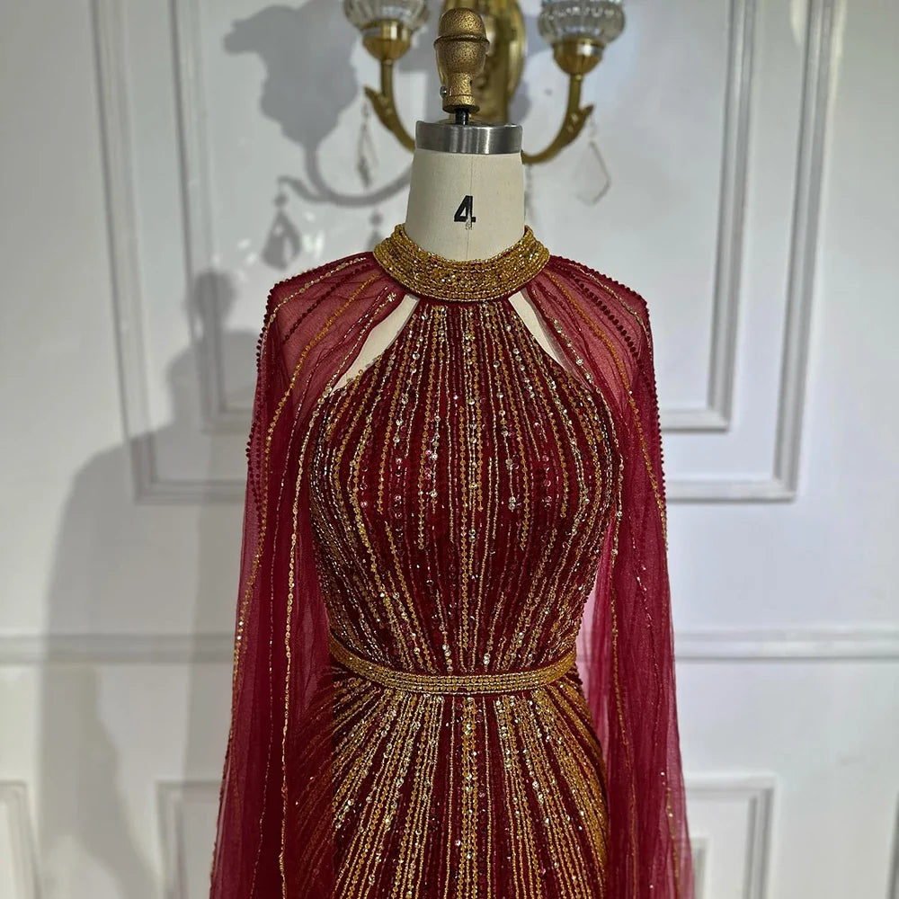 Luxuriöses Dubai Weinrot Perlenbesetztes Meerjungfrau-Abendkleid aus Saudi-Arabien mit Umhang für formelle Anlässe LA72707A