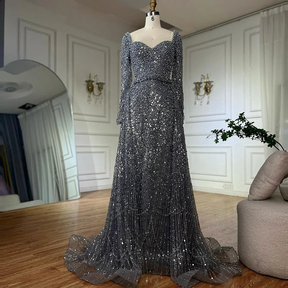 Luxury Dubai Saudi Arabic Gray Mermaid Beaded With Overskirt Evening Dresses Gowns For Formal Occasion LA72849