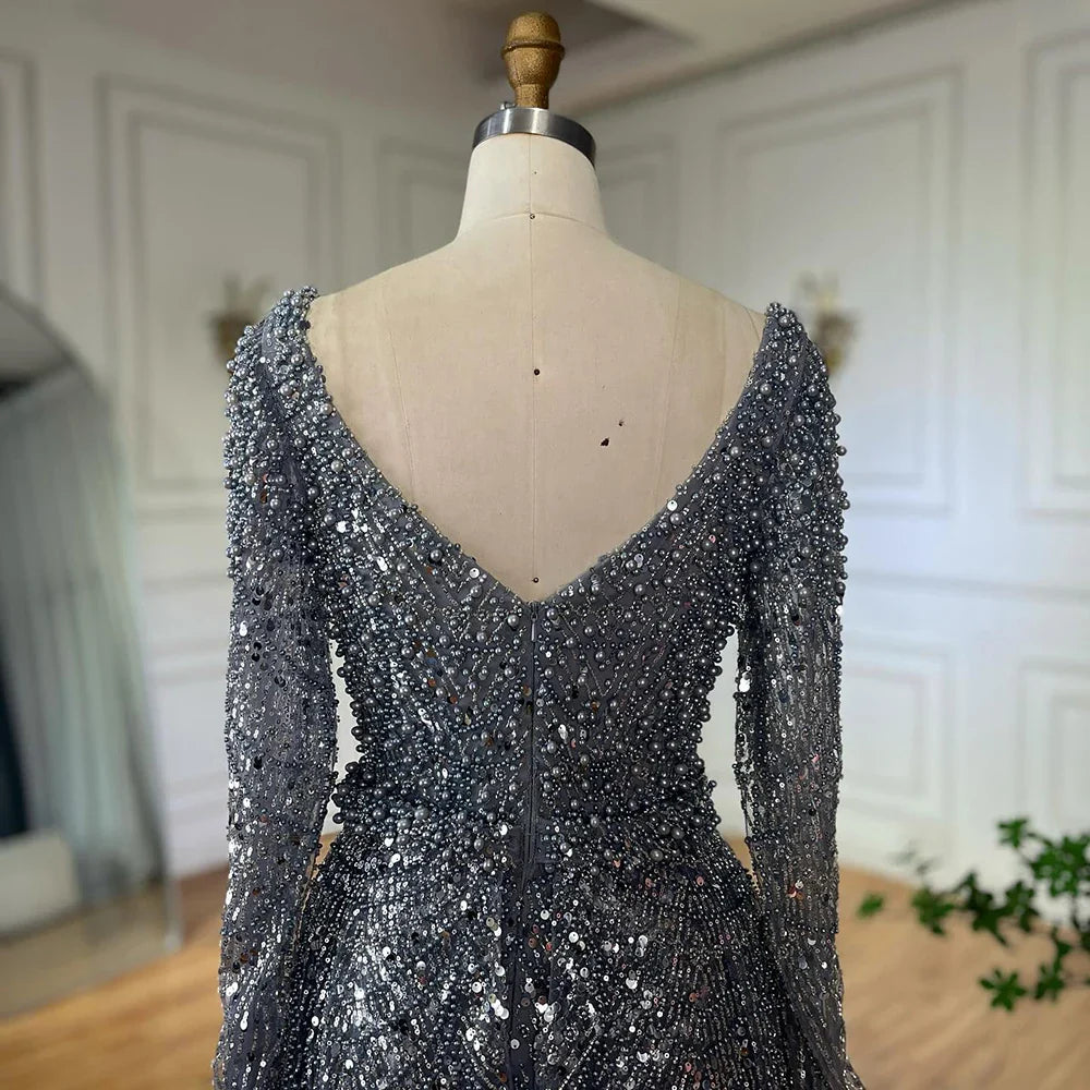 Luxury Dubai Saudi Arabic Gray Mermaid Beaded With Overskirt Evening Dresses Gowns For Formal Occasion LA72849