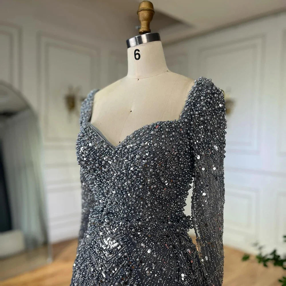 Luxury Dubai Saudi Arabic Gray Mermaid Beaded With Overskirt Evening Dresses Gowns For Formal Occasion LA72849
