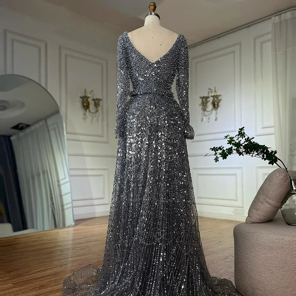 Luxury Dubai Saudi Arabic Gray Mermaid Beaded With Overskirt Evening Dresses Gowns For Formal Occasion LA72849