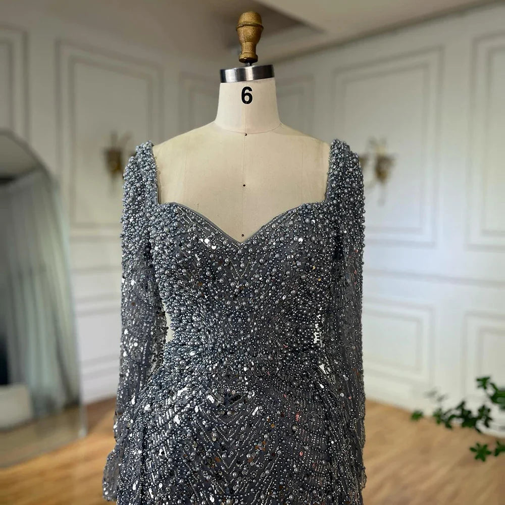 Luxury Dubai Saudi Arabic Gray Mermaid Beaded With Overskirt Evening Dresses Gowns For Formal Occasion LA72849
