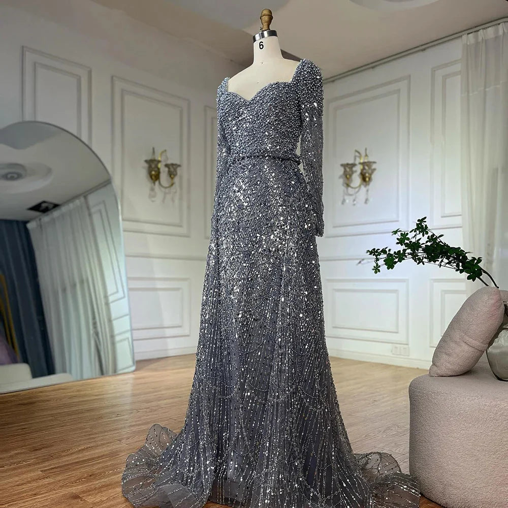 Luxury Dubai Saudi Arabic Gray Mermaid Beaded With Overskirt Evening Dresses Gowns For Formal Occasion LA72849