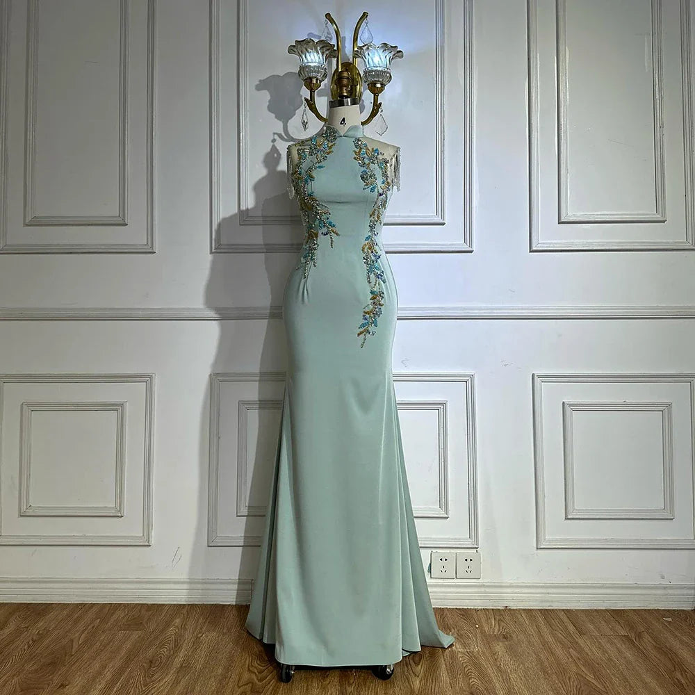 Luxury Dubai Saudi Mint Mermaid Beaded Tassel Satin Evening Dress Gown with Corset for Formal Occasion LA72797B