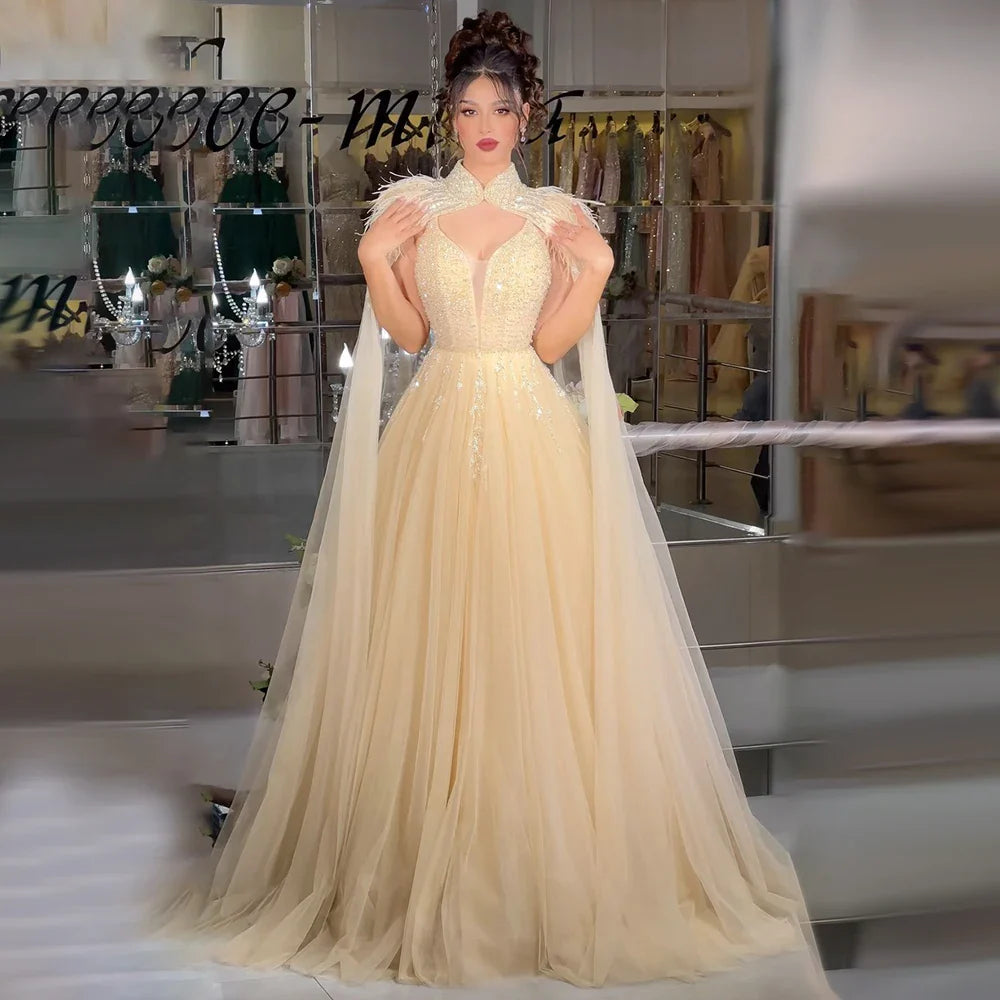 Luxury Dubai Arabic Beige A-Line Feathers Long Cape Luxury Beaded Saudi Evening Dresses Gowns for Formal Occasion LA72722
