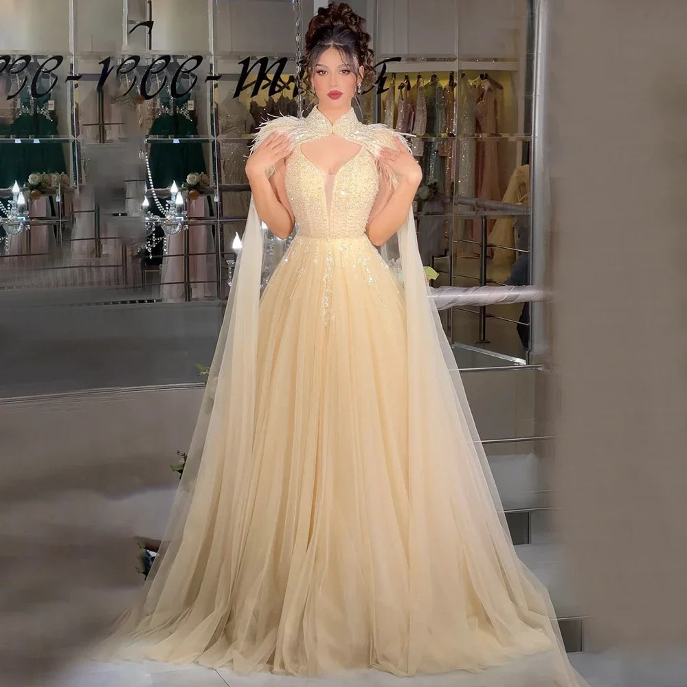 Luxury Dubai Arabic Beige A-Line Feathers Long Cape Luxury Beaded Saudi Evening Dresses Gowns for Formal Occasion LA72722