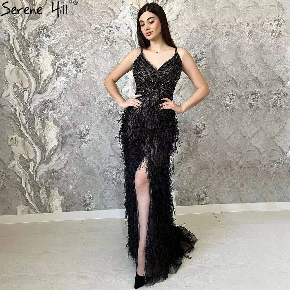 Luxury Classy blue Feathers Beaded Mermaid Prom Dress with Split LA70623