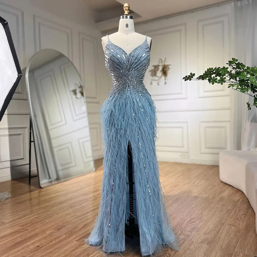 Luxury Classy blue Feathers Beaded Mermaid Prom Dress with Split LA70623