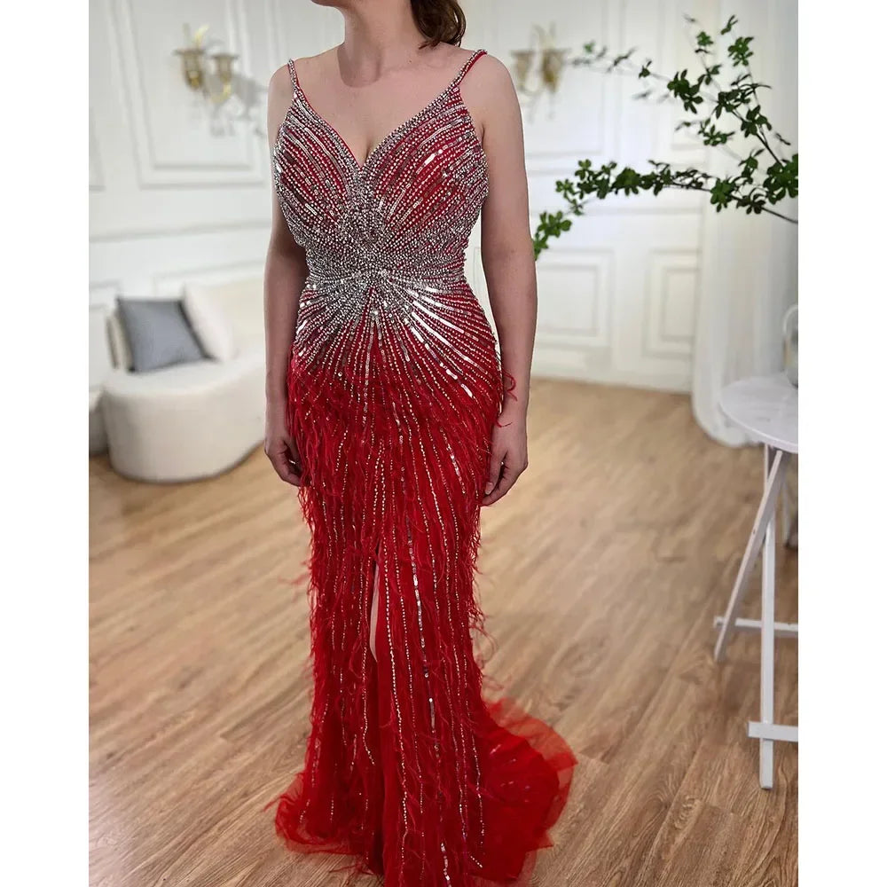 Luxury Classy blue Feathers Beaded Mermaid Prom Dress with Split LA70623