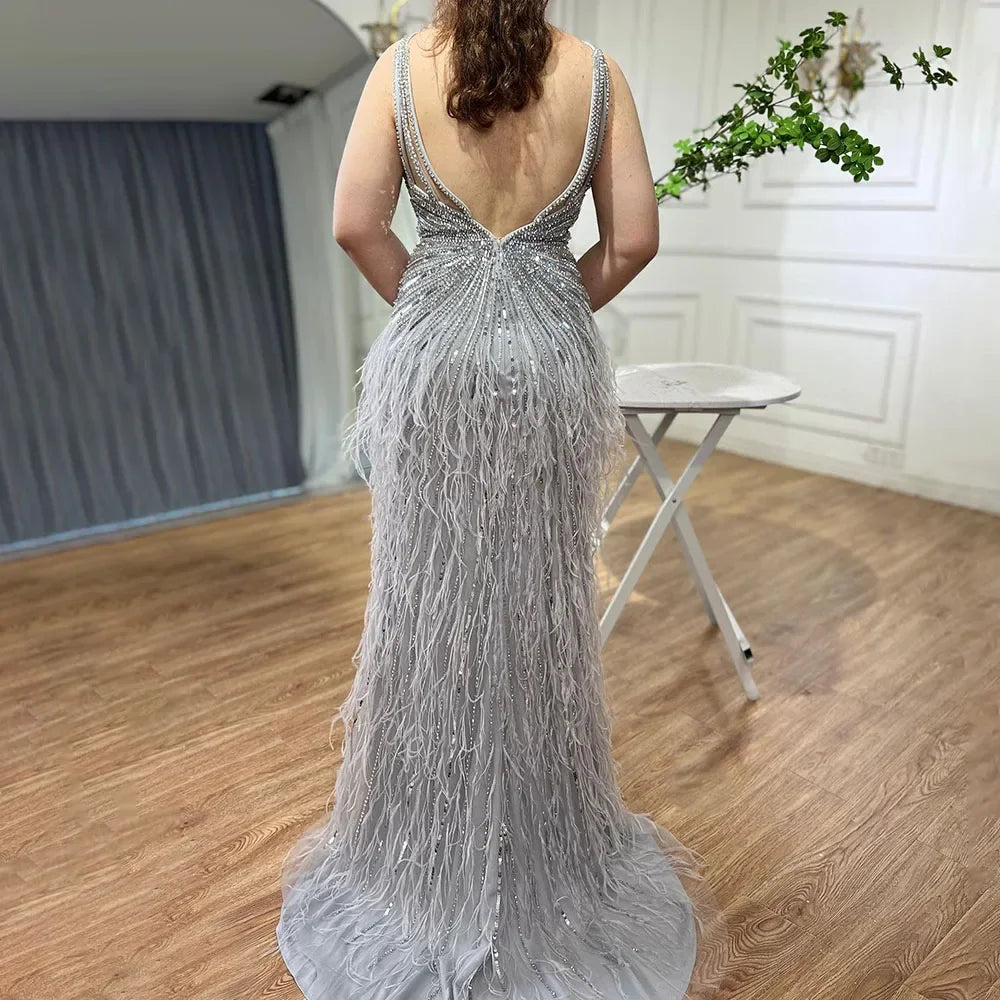 Luxury Classy blue Feathers Beaded Mermaid Prom Dress with Split LA70623