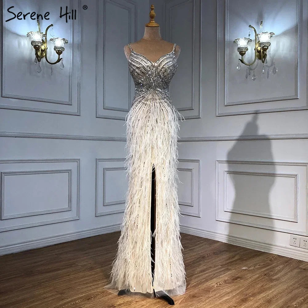 Luxury Classy blue Feathers Beaded Mermaid Prom Dress with Split LA70623