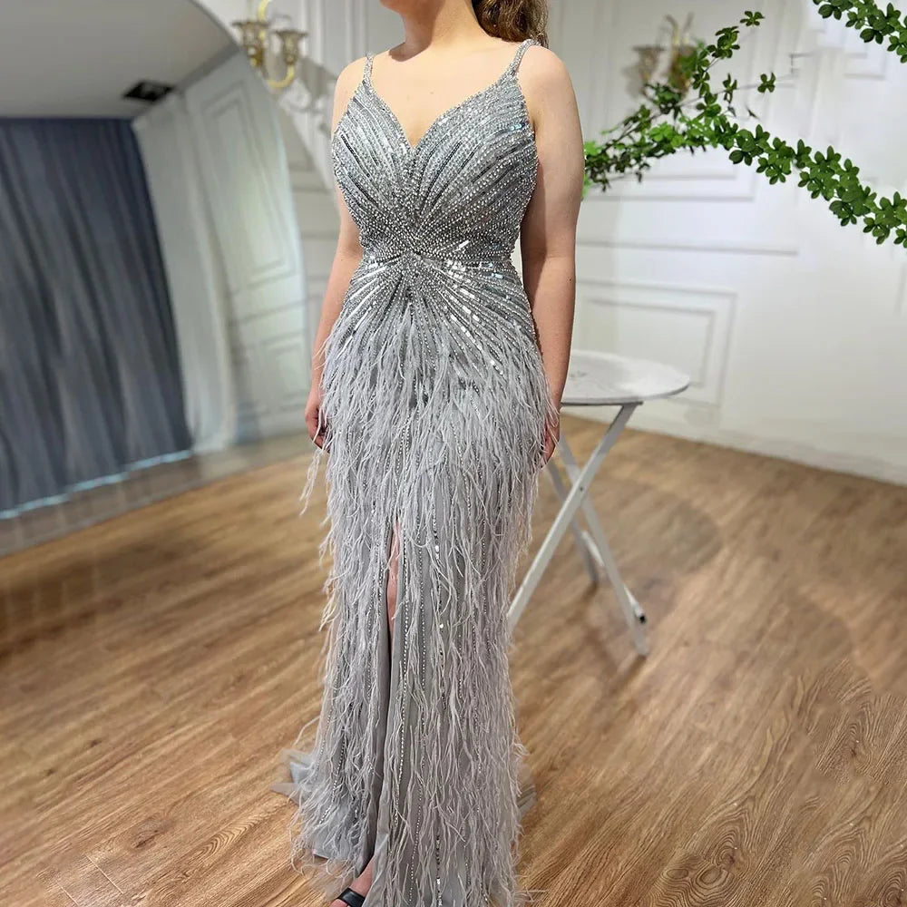 Luxury Classy blue Feathers Beaded Mermaid Prom Dress with Split LA70623