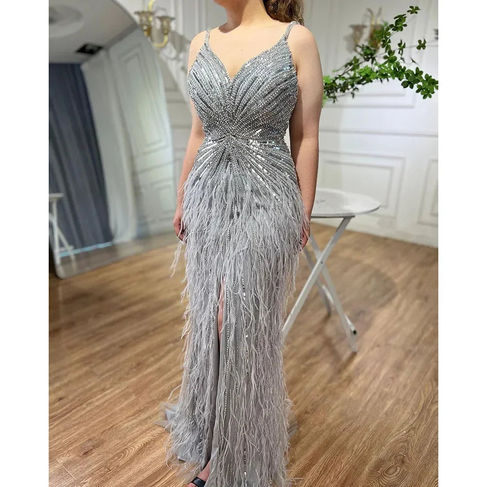 Luxury Classy blue Feathers Beaded Mermaid Prom Dress with Split LA70623