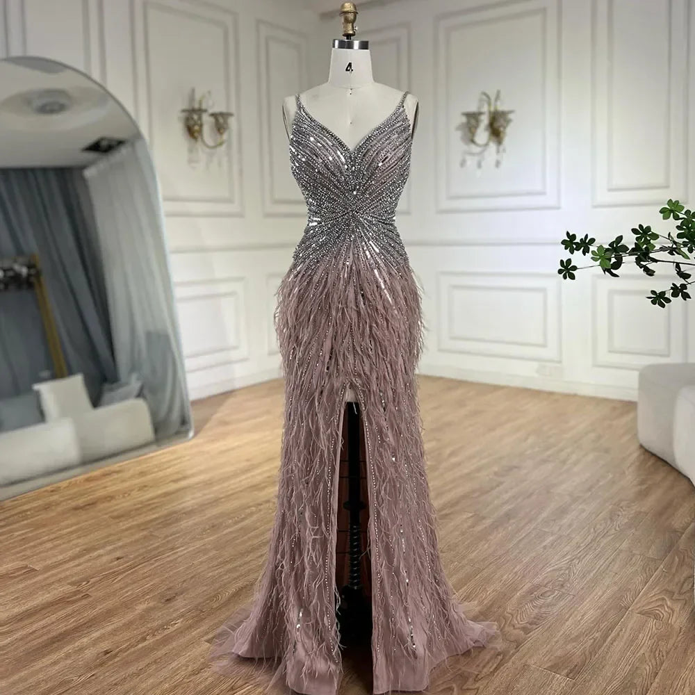 Luxury Classy blue Feathers Beaded Mermaid Prom Dress with Split LA70623