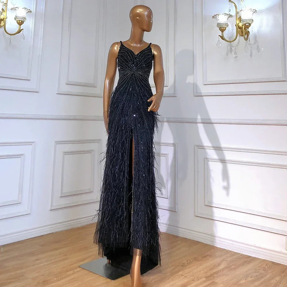 Luxury Classy blue Feathers Beaded Mermaid Prom Dress with Split LA70623