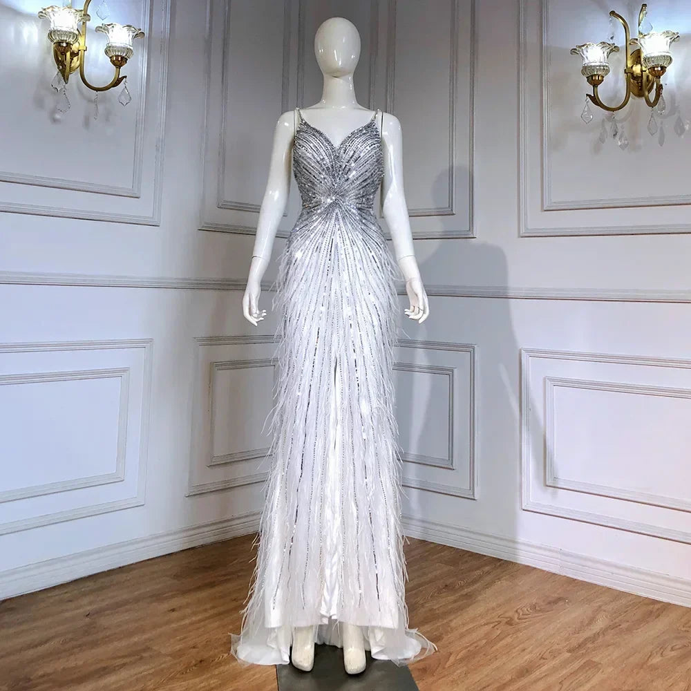 Luxury Classy blue Feathers Beaded Mermaid Prom Dress with Split LA70623
