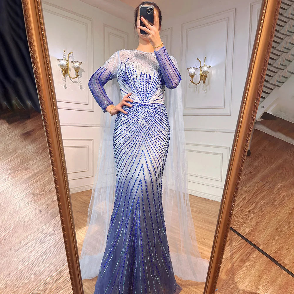 Luxury Dubai Arabic Blue Mermaid Elegant Evening Dresses Gowns Long Beaded Luxury For Women Party LA71846