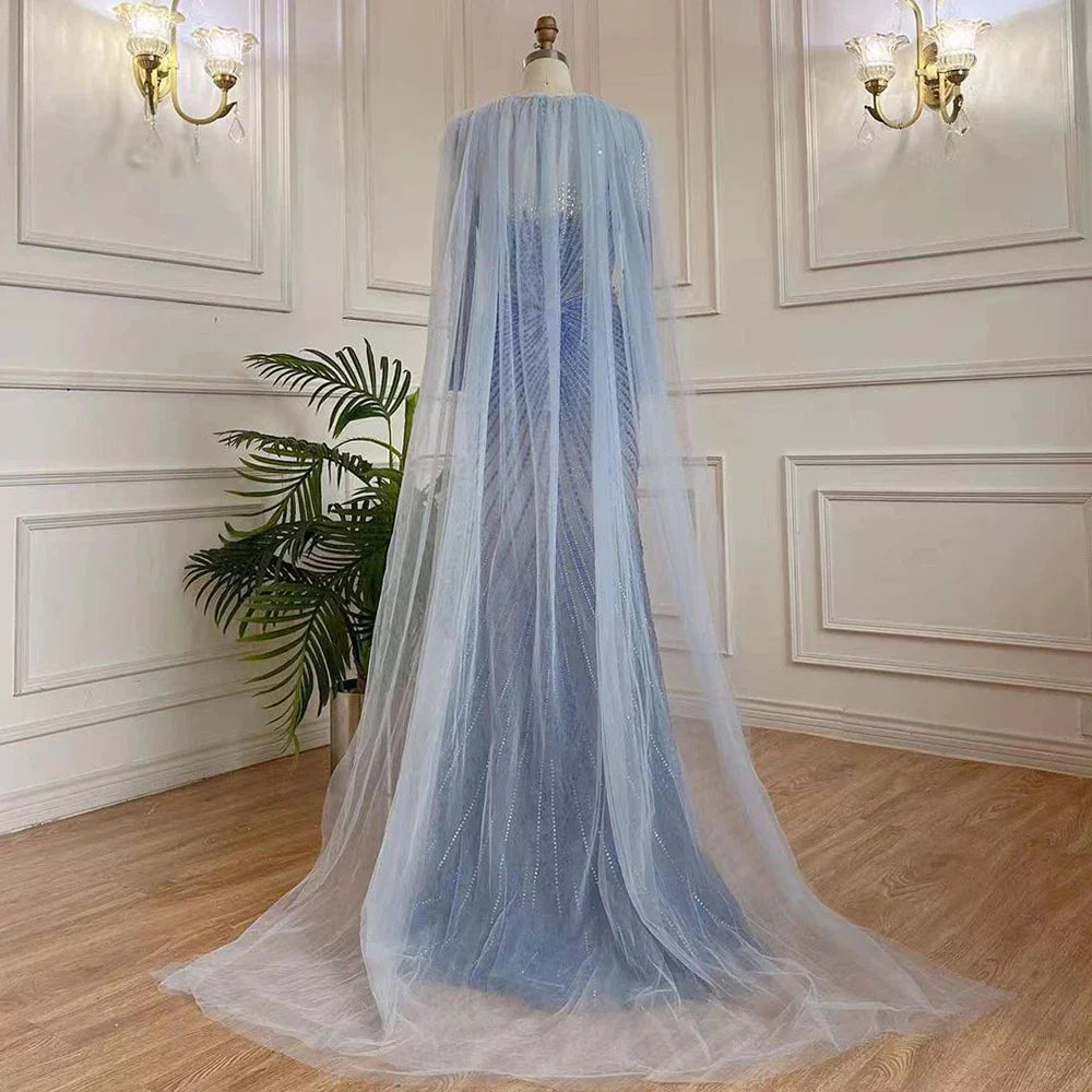 Luxury Dubai Arabic Blue Mermaid Elegant Evening Dresses Gowns Long Beaded Luxury For Women Party LA71846