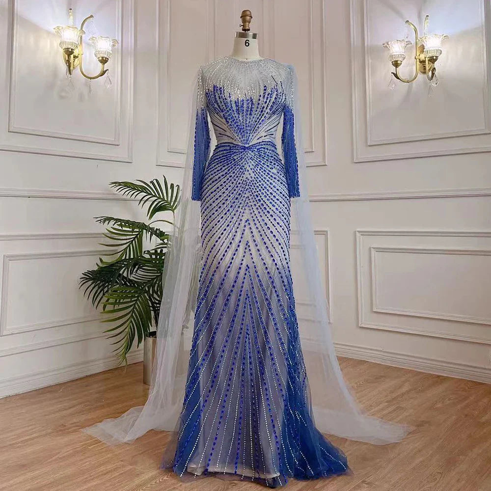 Luxury Dubai Arabic Blue Mermaid Elegant Evening Dresses Gowns Long Beaded Luxury For Women Party LA71846