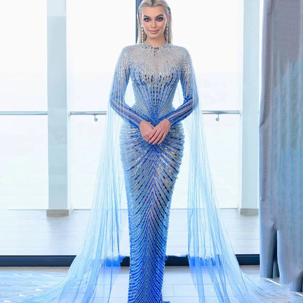 Luxury Dubai Arabic Blue Mermaid Elegant Evening Dresses Gowns Long Beaded Luxury For Women Party LA71846