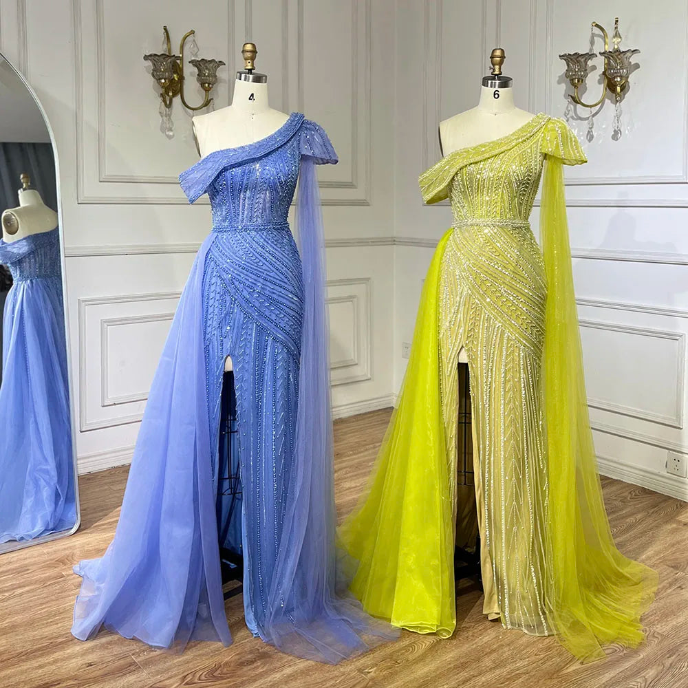 Luxury One Shoulder Blue Evening Dress with Overskirt LA72596