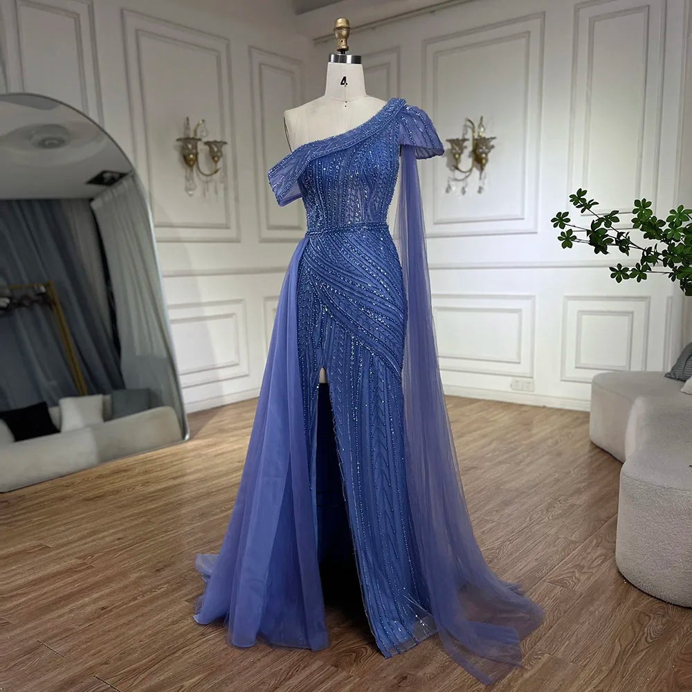 Luxury One Shoulder Blue Evening Dress with Overskirt LA72596