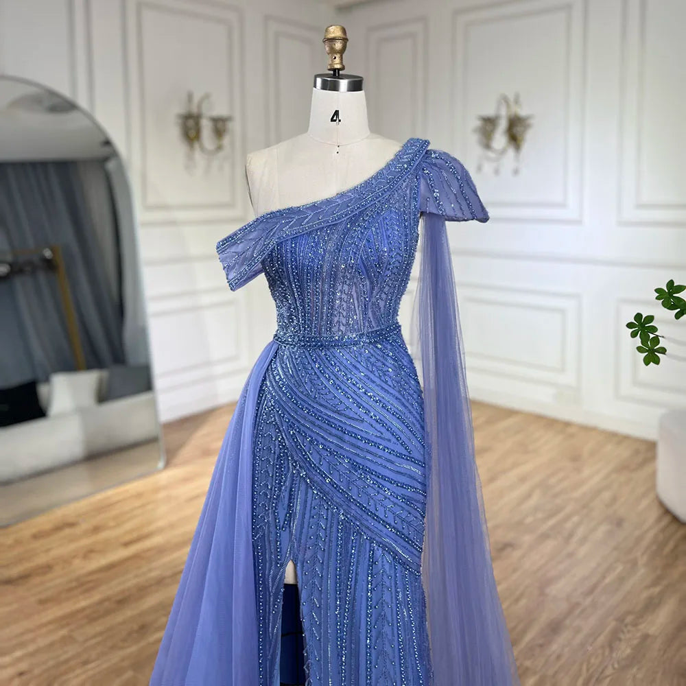 Luxury One Shoulder Blue Evening Dress with Overskirt LA72596