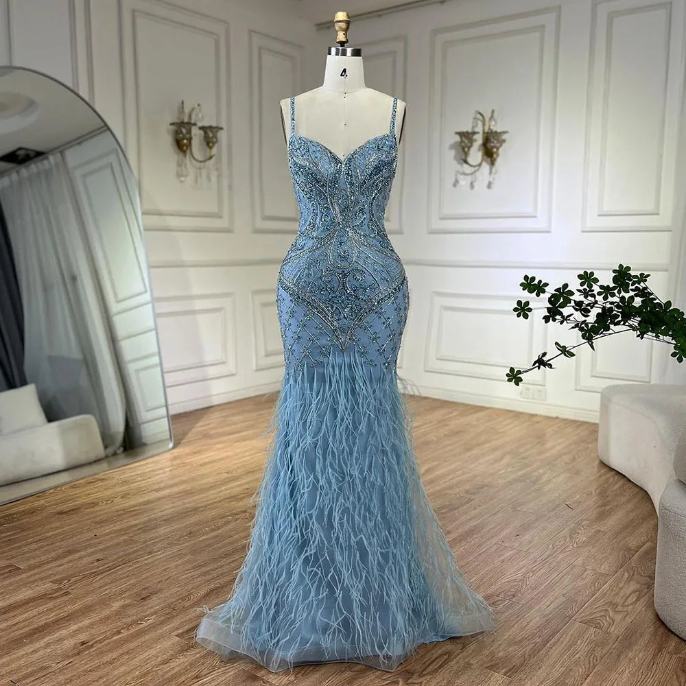 Serene Hill Arabic Blue Spaghetti Strap Feathers Beaded Luxury Dubai Evening Dresses Gowns For Women Wedding Party 2025 LA72527