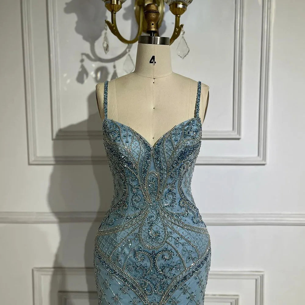 Serene Hill Arabic Blue Spaghetti Strap Feathers Beaded Luxury Dubai Evening Dresses Gowns For Women Wedding Party 2025 LA72527