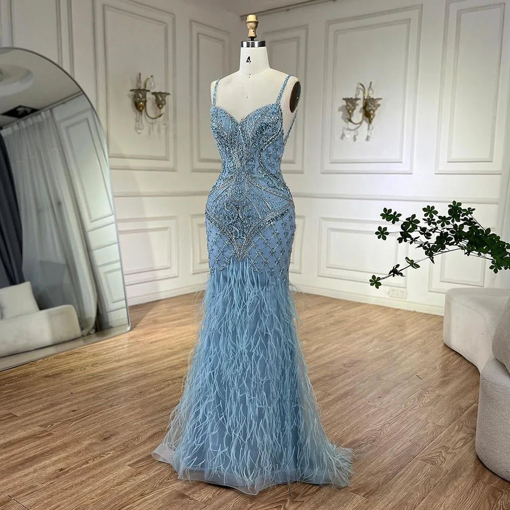 Serene Hill Arabic Blue Spaghetti Strap Feathers Beaded Luxury Dubai Evening Dresses Gowns For Women Wedding Party 2025 LA72527