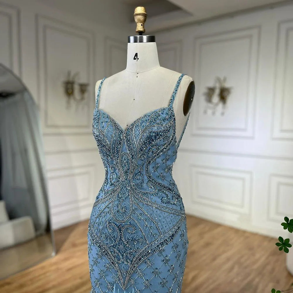 Serene Hill Arabic Blue Spaghetti Strap Feathers Beaded Luxury Dubai Evening Dresses Gowns For Women Wedding Party 2025 LA72527