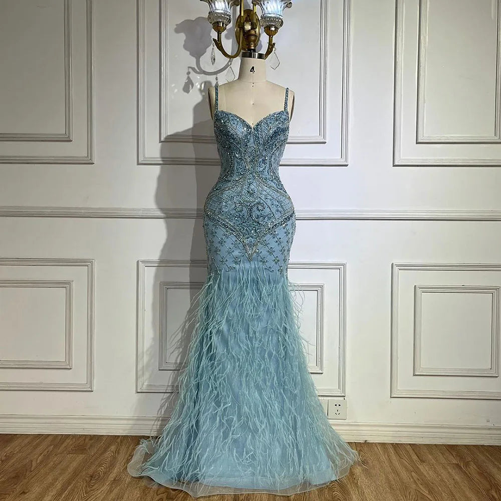 Serene Hill Arabic Blue Spaghetti Strap Feathers Beaded Luxury Dubai Evening Dresses Gowns For Women Wedding Party 2025 LA72527