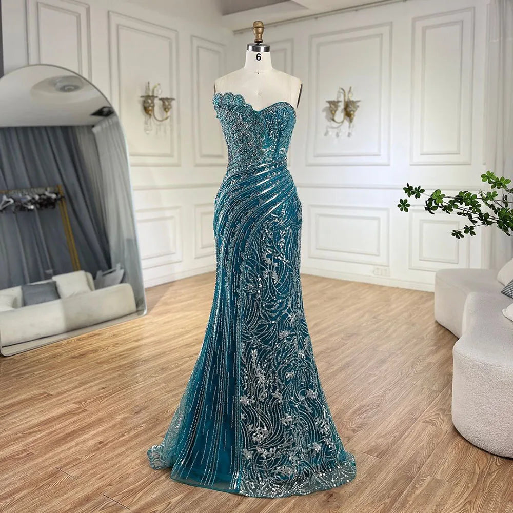 Luxury Beaded Scalloped Blue Evening Dress LA72600 2025