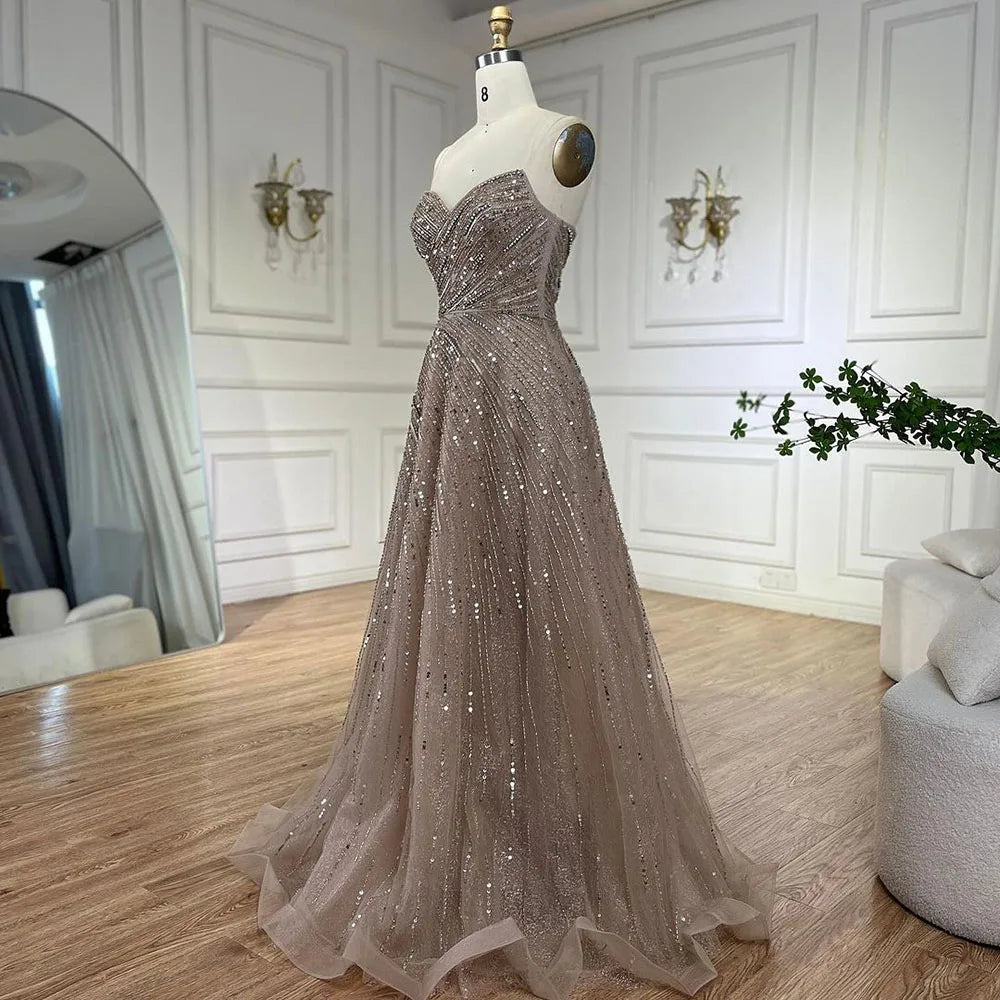Serene Hill Arabic Caramel A Line Beaded Luxury Dubai Evening Dresses Gowns For Women Wedding Party 2025 LA72563