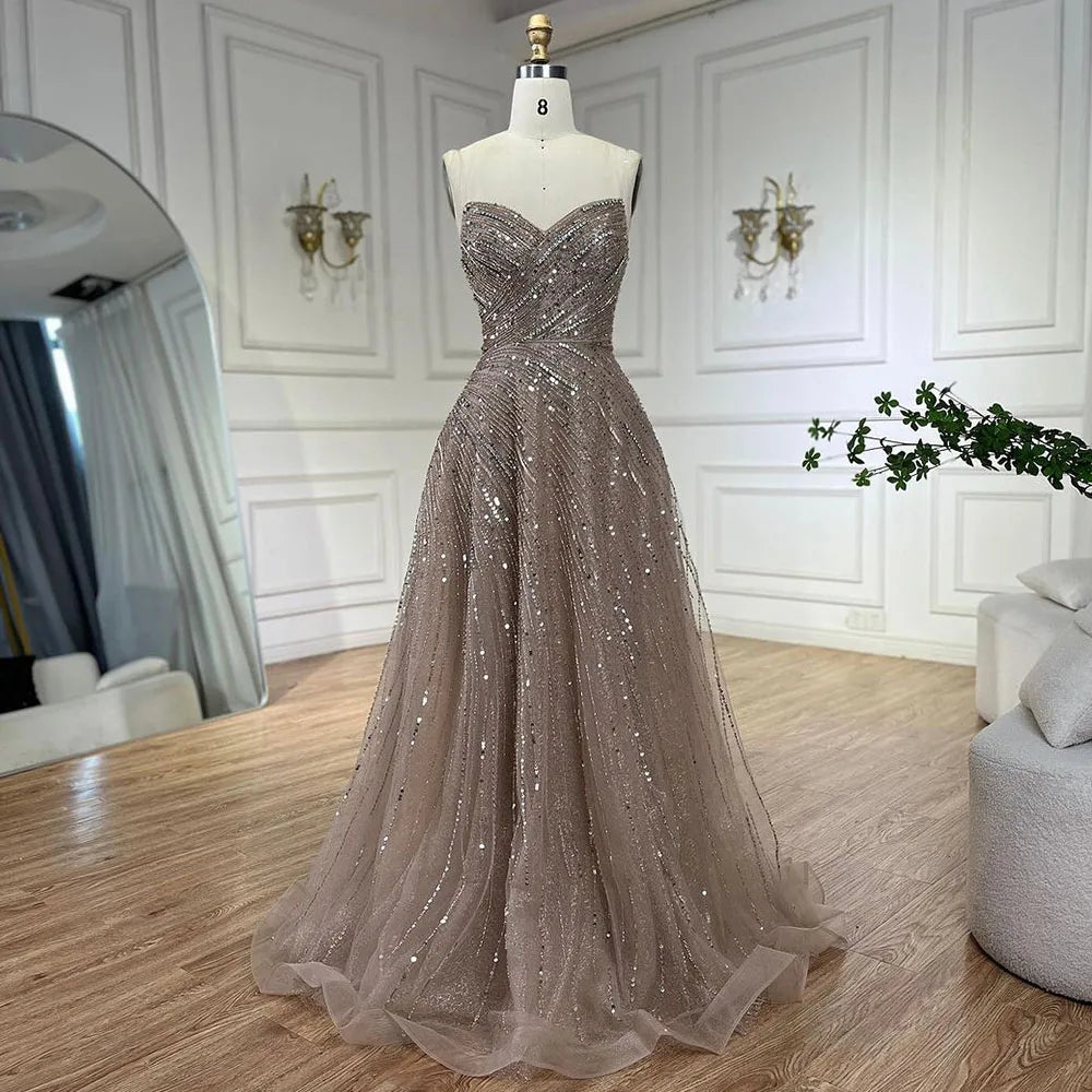 Serene Hill Arabic Caramel A Line Beaded Luxury Dubai Evening Dresses Gowns For Women Wedding Party 2025 LA72563