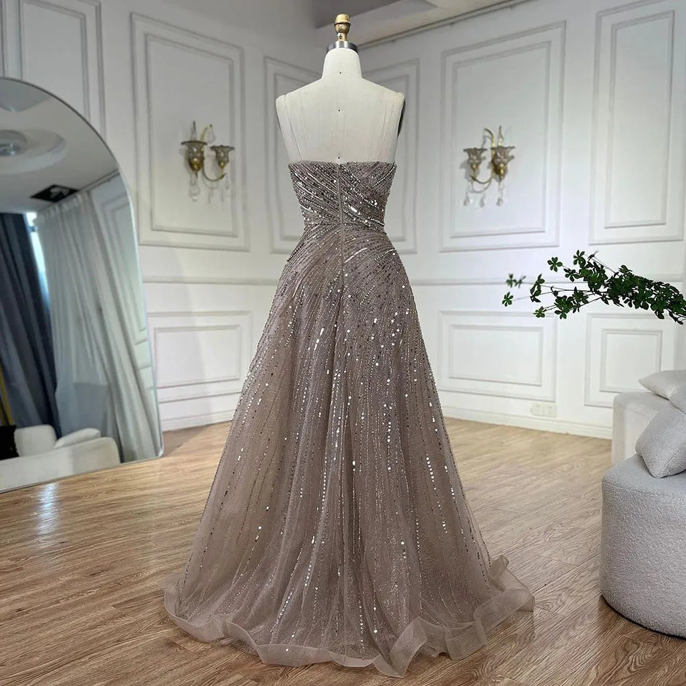 Serene Hill Arabic Caramel A Line Beaded Luxury Dubai Evening Dresses Gowns For Women Wedding Party 2025 LA72563