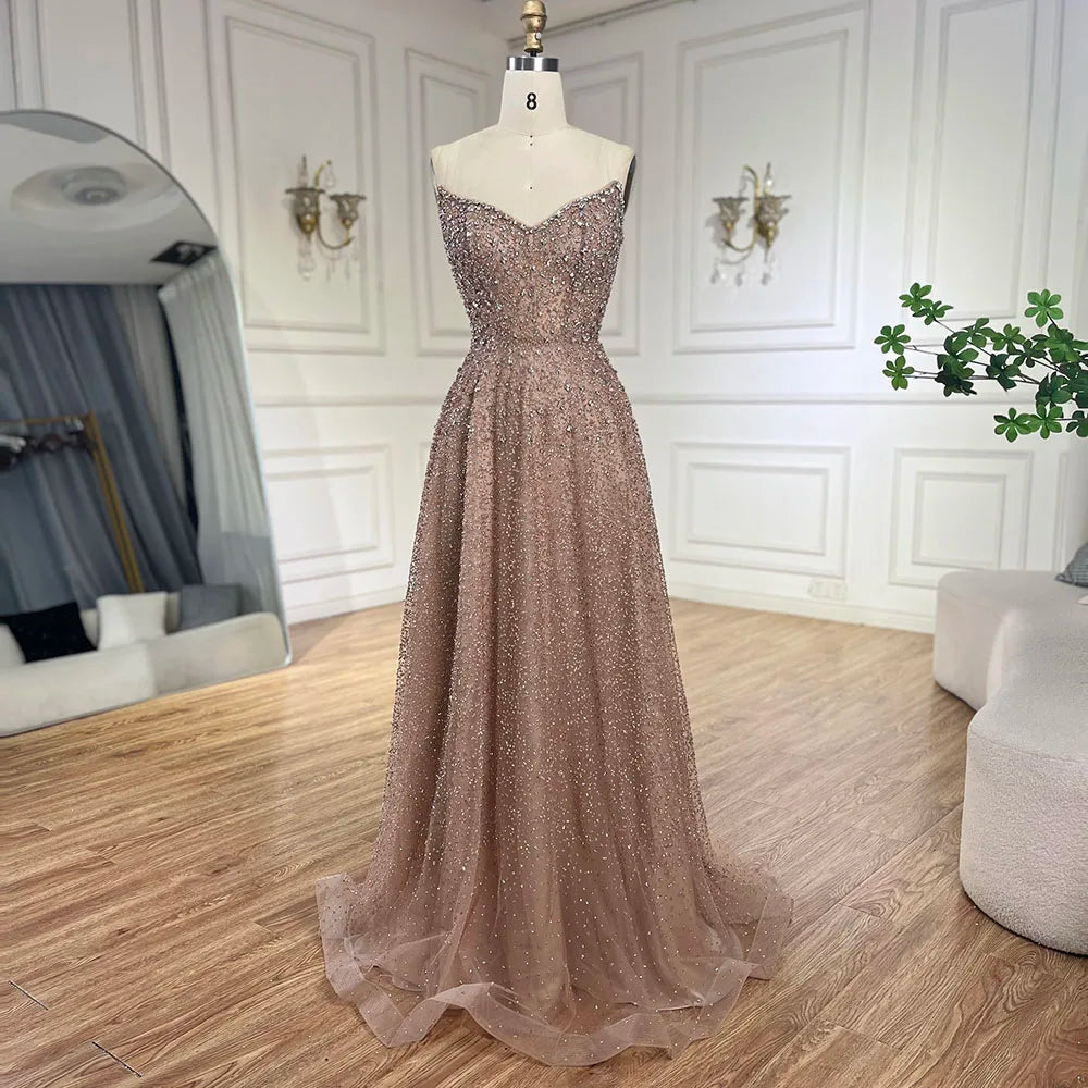 Serene Hill Arabic Caramel A-Line Elegant Luxury Beaded Long Evening Dress for Women - Wedding Party 2025 LA72147