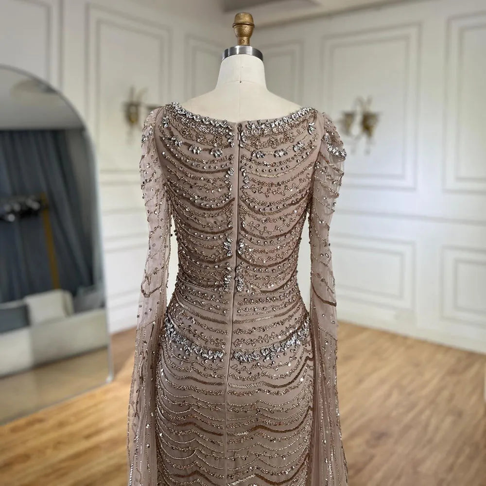 Luxury Beaded Caramel Evening Dress with Cape Sleeve LA72604
