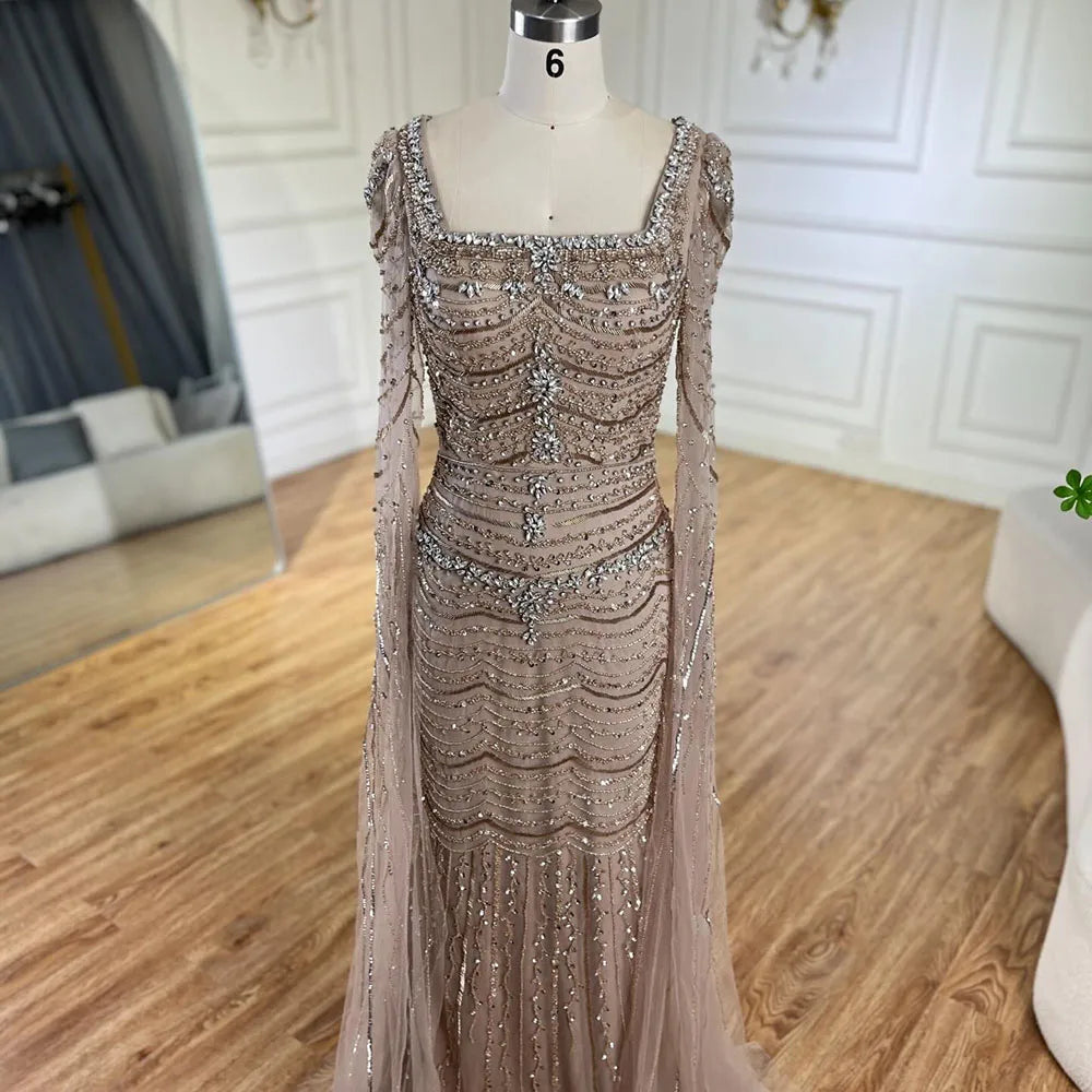Luxury Beaded Caramel Evening Dress with Cape Sleeve LA72604