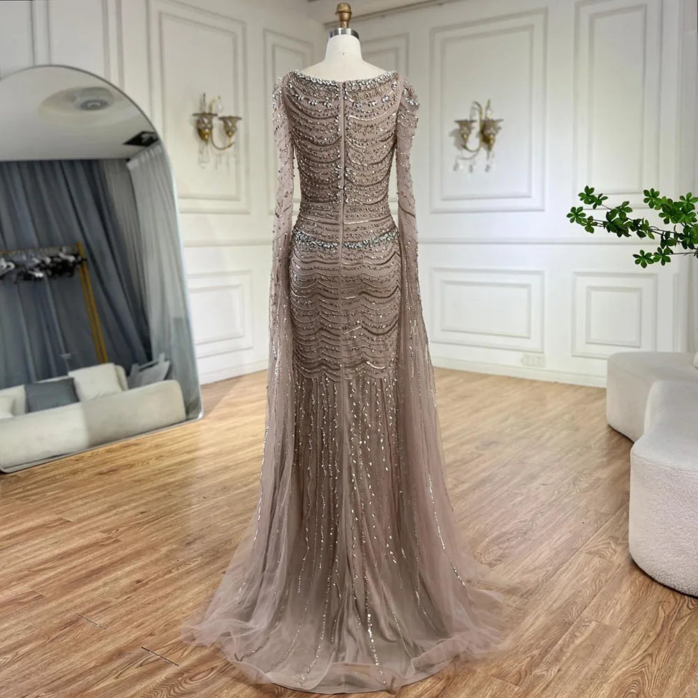 Luxury Beaded Caramel Evening Dress with Cape Sleeve LA72604