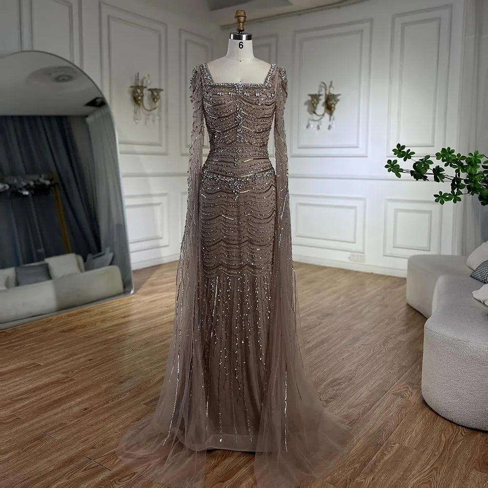 Luxury Beaded Caramel Evening Dress with Cape Sleeve LA72604