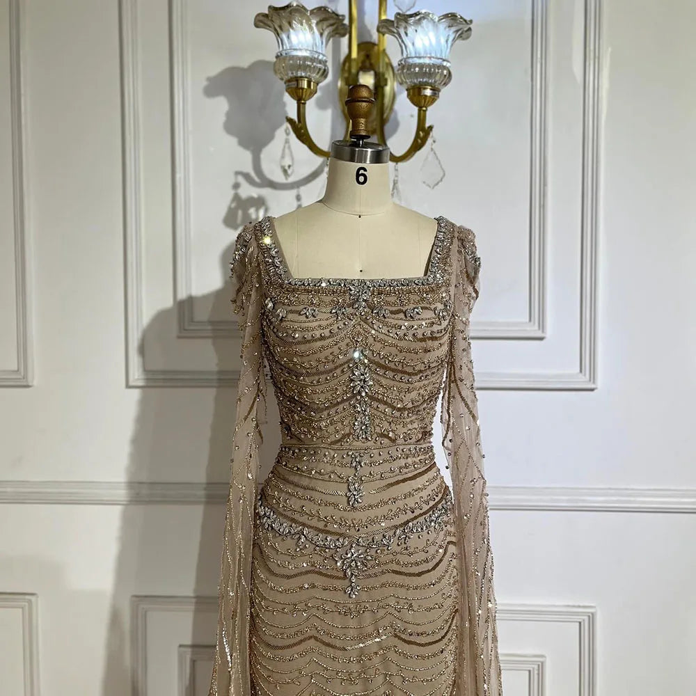 Luxury Beaded Caramel Evening Dress with Cape Sleeve LA72604