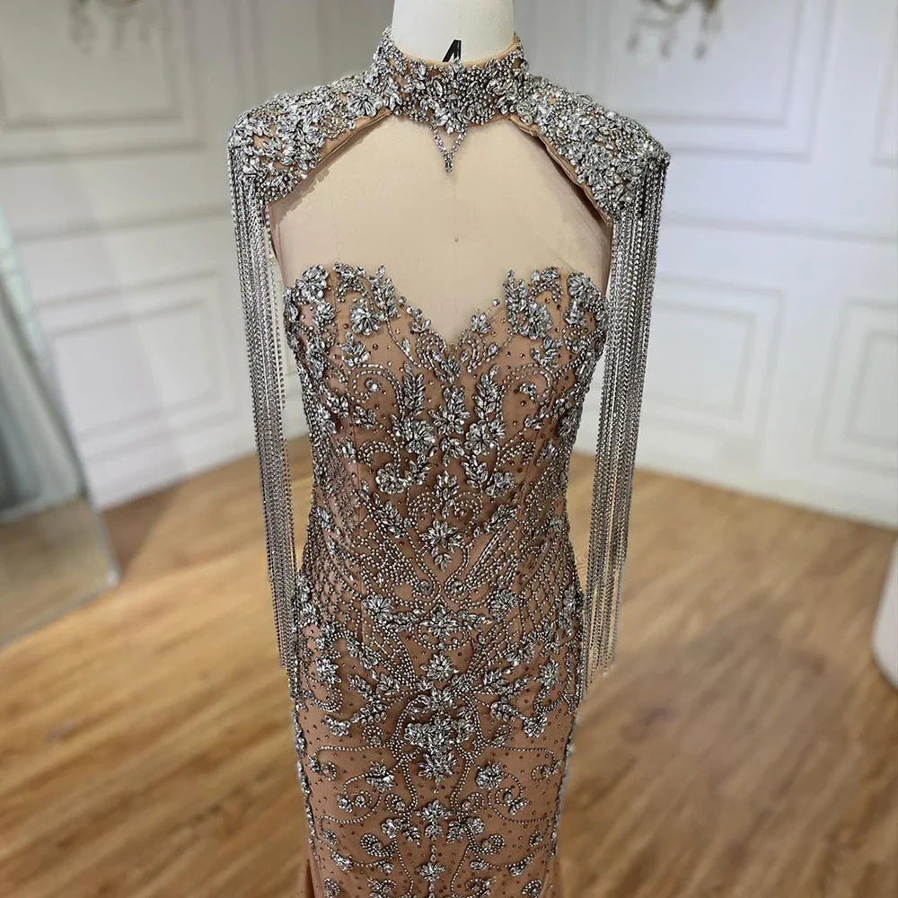 Luxury Dubai Caramel Mermaid Tassel Beaded Evening Dress LA72237A