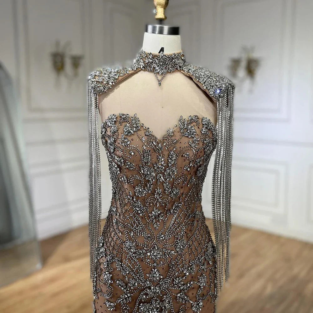 Luxury Dubai Caramel Mermaid Tassel Beaded Evening Dress LA72237A