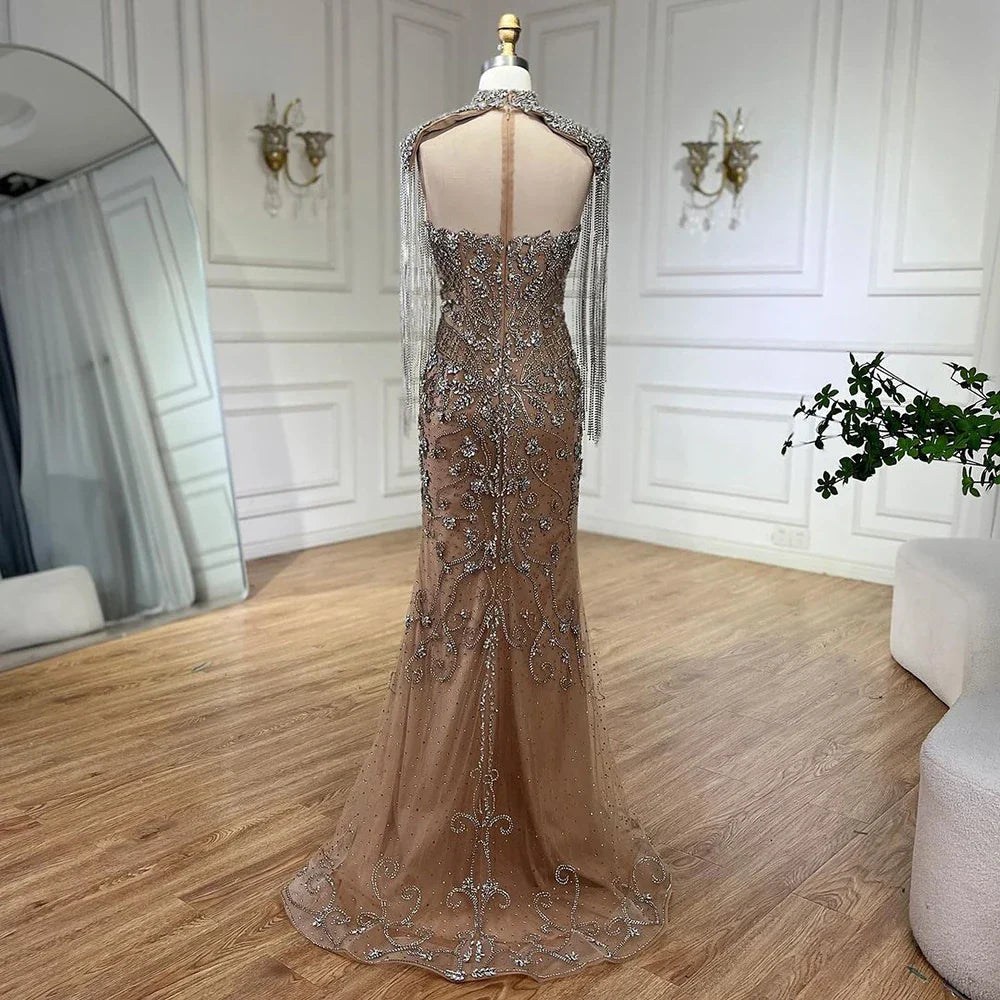 Luxury Dubai Caramel Mermaid Tassel Beaded Evening Dress LA72237A